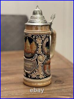 Authentic German Gerz Beer Stein Pewter Lid, Hand Painted, 11 Inches Tall