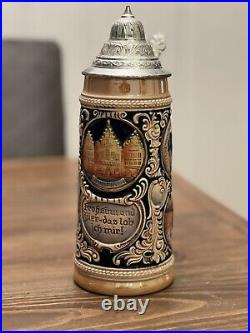 Authentic German Gerz Beer Stein Pewter Lid, Hand Painted, 11 Inches Tall