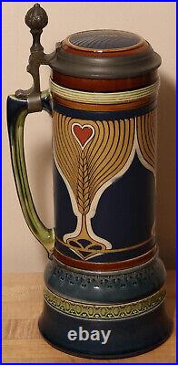 Barley & Hearts by Mettlach 2.15 Liter German beer stein antique # 2801 Large