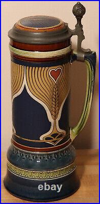 Barley & Hearts by Mettlach 2.15 Liter German beer stein antique # 2801 Large