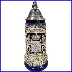 Bayern Bavaria Lion Crest Rustic Blue LE Stoneware German Beer Stein. 5 L