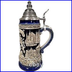 Bayern Bavaria Lion Crest Rustic Blue LE Stoneware German Beer Stein. 5 L