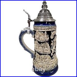 Bayern Bavaria Lion Crest Rustic Blue LE Stoneware German Beer Stein. 5 L