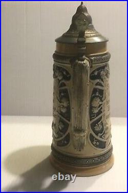 Beer Stein Engraved Pewter Lid 1 L. 11 Mid Century German FREE SHIPPING
