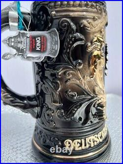 Beer Stein, German Clay, Authentic Hand-Crafted, Black & Gold withMetal Details