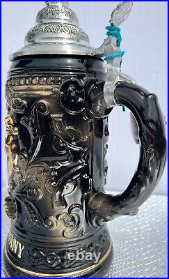 Beer Stein, German Clay, Authentic Hand-Crafted, Black & Gold withMetal Details
