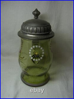 Beer Stein Glass Hand Painted Lidded 1906 Art Nouveau German #XX