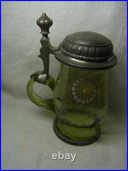 Beer Stein Glass Hand Painted Lidded 1906 Art Nouveau German #XX