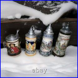 Beer Steins With Pewter Lids 4 Ceramic Pottery Steins All Original German Made