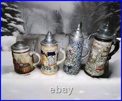 Beer Steins With Pewter Lids 4 Ceramic Pottery Steins All Original German Made