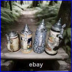 Beer Steins With Pewter Lids 4 Ceramic Pottery Steins All Original German Made