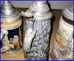 Beer Steins With Pewter Lids 4 Ceramic Pottery Steins All Original German Made