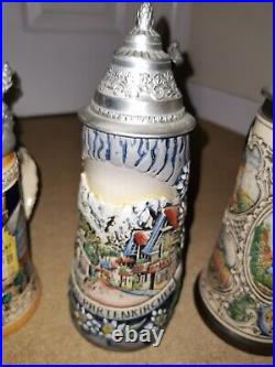 Beer Steins With Pewter Lids 4 Ceramic Pottery Steins All Original German Made