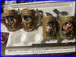 Beer Steins withLids German Octoberfest Stamped A B C D Hand Painted Set 4 Vintage