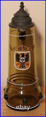 Blown amber glass antique German beer stein hand painted crest design prunts