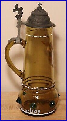 Blown amber glass antique German beer stein hand painted crest design prunts