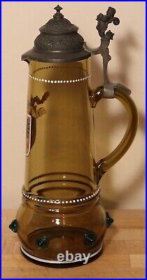 Blown amber glass antique German beer stein hand painted crest design prunts