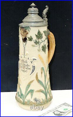 C1890 Antique Lidded 14 German Beer STEIN Monkey Insects Barley Hops Relief