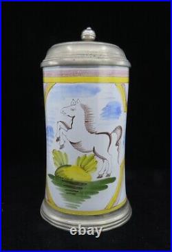 Charming mid 1800s German Faience Beer Stein 1L Rearing Horse Scene Pewter Lid