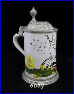 Charming mid 1800s German Faience Pottery Pewter Lid Stein w Stag Deer Design