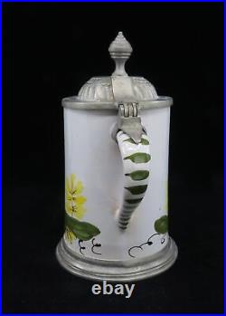 Charming mid 1800s German Faience Pottery Pewter Lid Stein w Stag Deer Design
