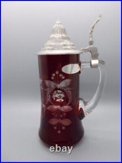 Crystal Red Cut to Clear German Beer Stein Excellent Condition
