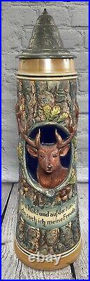 Deer Head 2 L. Lidded Beer Stein Bavaria Black Forest Vintage German