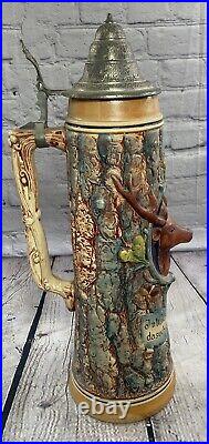 Deer Head 2 L. Lidded Beer Stein Bavaria Black Forest Vintage German