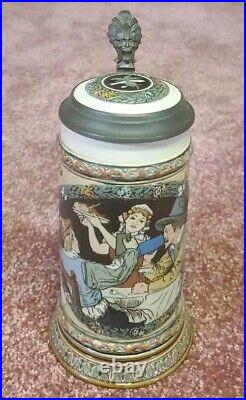 Drinkers & Barmaid with Saying by Mettlach 1/2L German beer stein antique # 2716