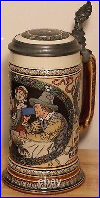Drinkers with Saying by Mettlach 1 Liter German beer stein antique # 2716