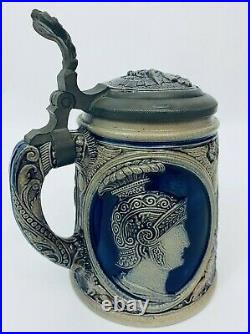 Dumler & Breiden 61 Antique German Beer Stein Blue Stoneware Inlay lid Portraits