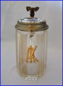 Early 20th Century German Faceted Glass Beer Stein w Porcelain Inlaid Lid