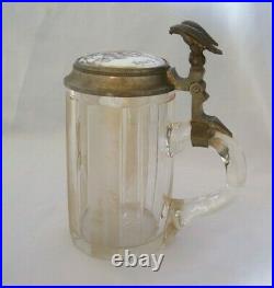 Early 20th Century German Faceted Glass Beer Stein w Porcelain Inlaid Lid