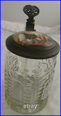 Early German Lidded Glass Beer Stein Cut Glass Porcelain Hand Painted Harvest