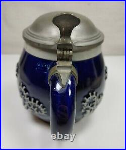 Eckhardt Engler German Cobalt Blue Glazed Lidded Beer Stein Mug 3D Flower Design