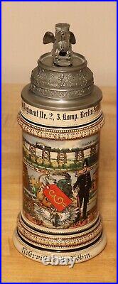 Eisenbahn German Regimental beer stein with train lid Railway antique