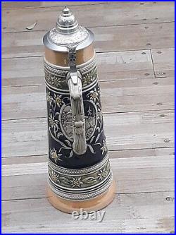 Excellent Vintage Gerzit German Beer Stein 2 Liter 16 Tall Germany Pewter Lid