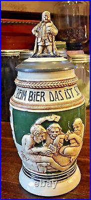 Figural Lid German Ceramic Beer Stein Playing cards with a beer is my hobby