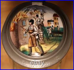 Fireman / Firefighter scene lid Molded 1/2 L Antique German glass beer stein