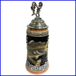 Fisherman Angler with 3D Pewter Lid LE German Stoneware Beer Stein. 75 L Germany