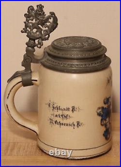 Fraternity Student Wappen & motto by H. Schauer 1/2 L German beer stein Antique