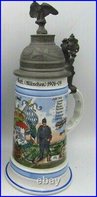 GERMAN REGIMENTAL BEER STEIN MUG BLUE ACCENT with PEWTER BIRD LID 1906-09