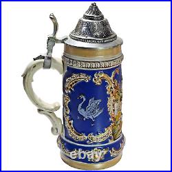 GERZ Lidded German Beer Stein Germany Swan Castle Scene Detailed Gold Gilding