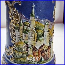 GERZ Lidded German Beer Stein Germany Swan Castle Scene Detailed Gold Gilding