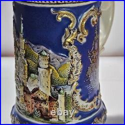 GERZ Lidded German Beer Stein Germany Swan Castle Scene Detailed Gold Gilding