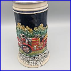 Genuine Vintage Thewalt German Beer Stein Fire Fighter Hand Painted Pewter Lid