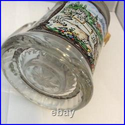 German BMF Beer Stein Painted Glass Silver Plate Lidded Mug W. Germany Carriage
