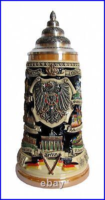 German Beer Stein Deutschland panorama stein, ptd. Pewter lid. KI 609 1L NEW