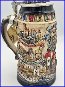 German Beer Stein Germany 0.5 liter tankard, with ptd. Pewter lid, beer mug