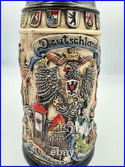 German Beer Stein Germany 0.5 liter tankard, with ptd. Pewter lid, beer mug